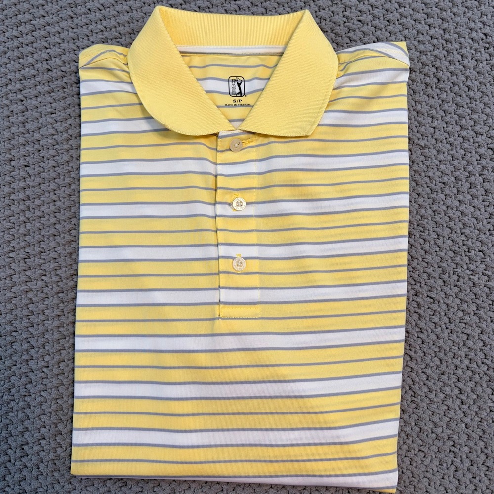 PGA Tour Yellow White Gray Striped Short Sleeve Golf Polo Shirt Mens Small